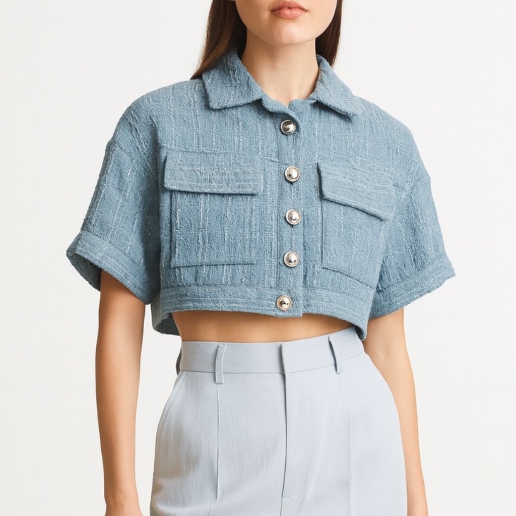 Iro Light Blue Tweed Cropped Short Sleeve Blazer Size 34
